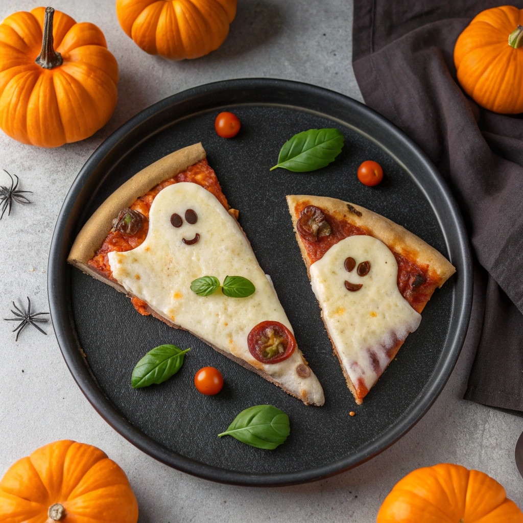 Sliced spooky ghost pizza with basil garnish