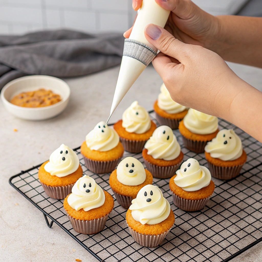 Decorating Sweet Ghost Cupcakes with buttercream ghosts