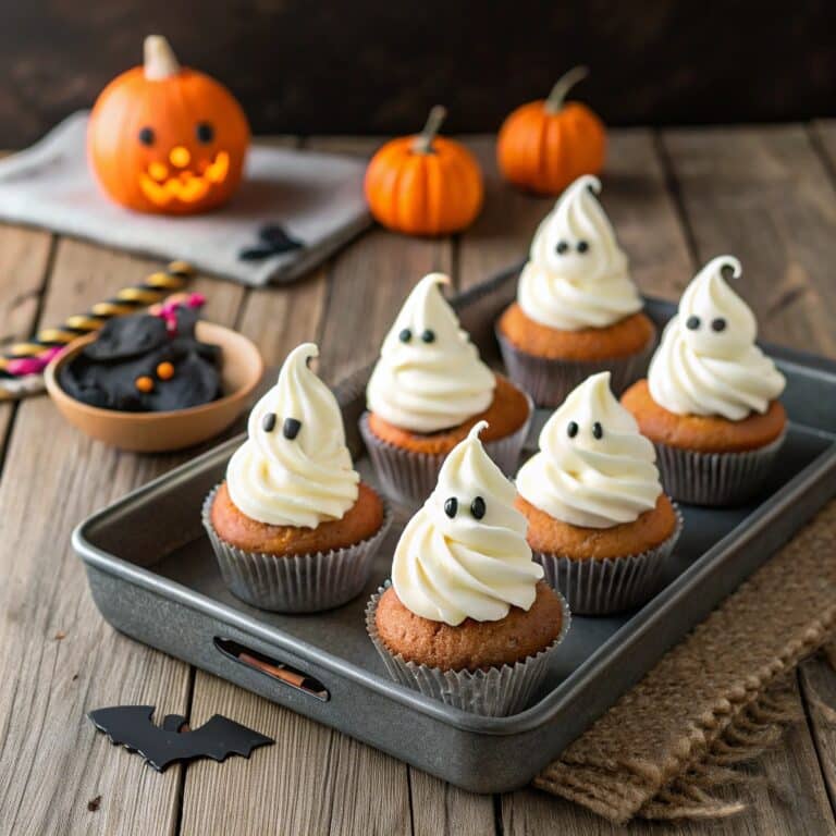 Sweet Ghost Cupcakes with spooky frosting decorations
