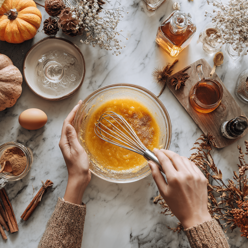 Pumpkin Bread with Maple Glaze 7 Mixing pumpkin bread batter with fall spices and maple syrup.