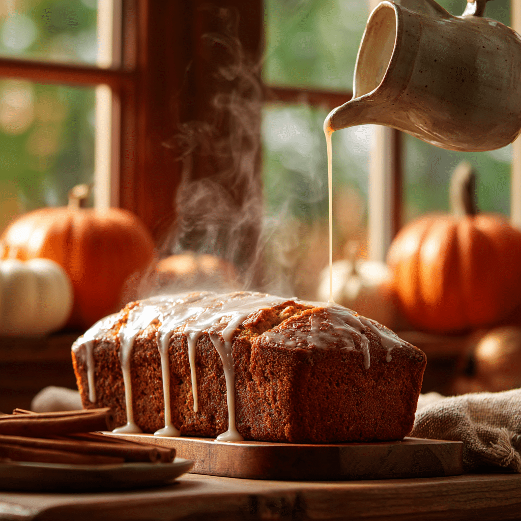 Pumpkin Bread with Maple Glaze 8 Freshly baked pumpkin bread drizzled with maple glaze in a cozy fall kitchen.
