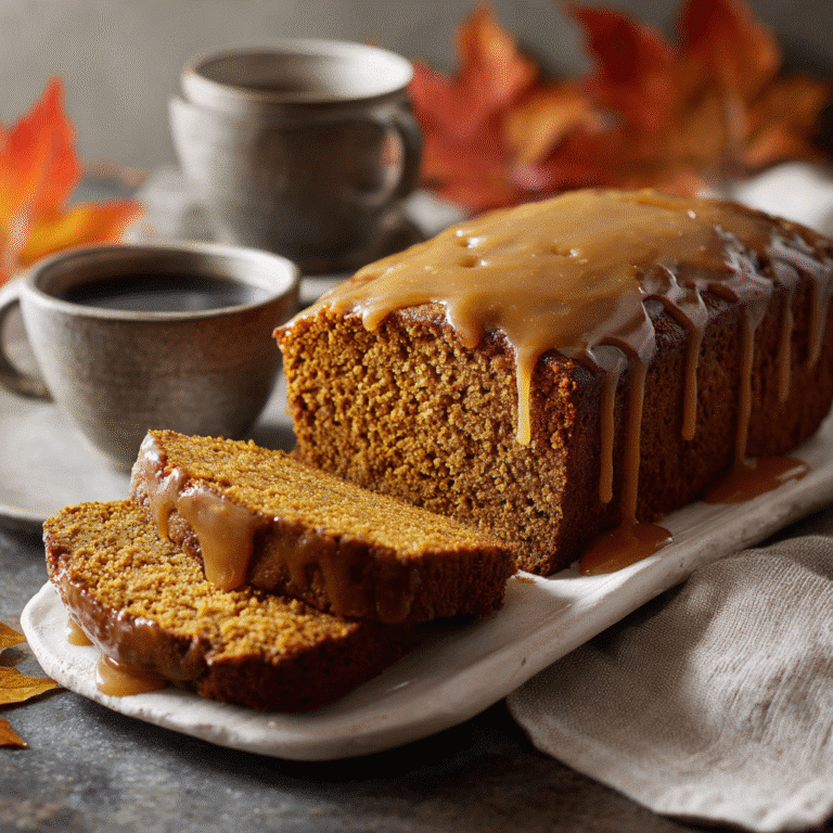 Pumpkin Bread with Maple Glaze 5 Freshly baked pumpkin bread drizzled with maple glaze in a cozy fall kitchen.