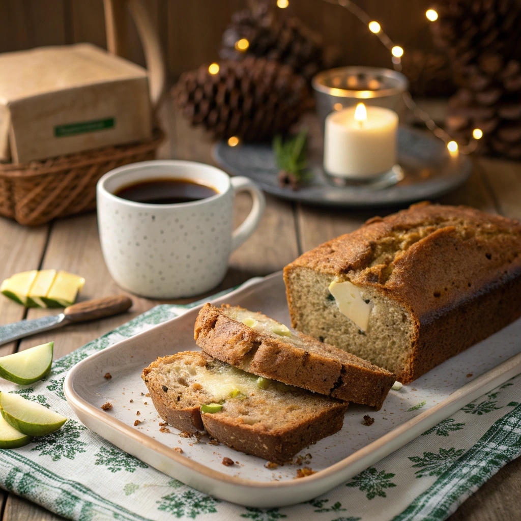 Apple Zucchini Bread sliced and served with coffee