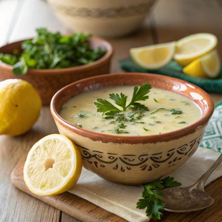 Avgolemono Soup served in a Greek bowl with lemon and parsley