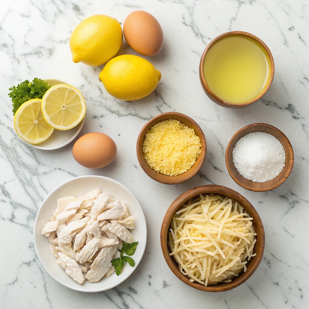 Ingredients for Avgolemono Soup including lemons, eggs, and chicken