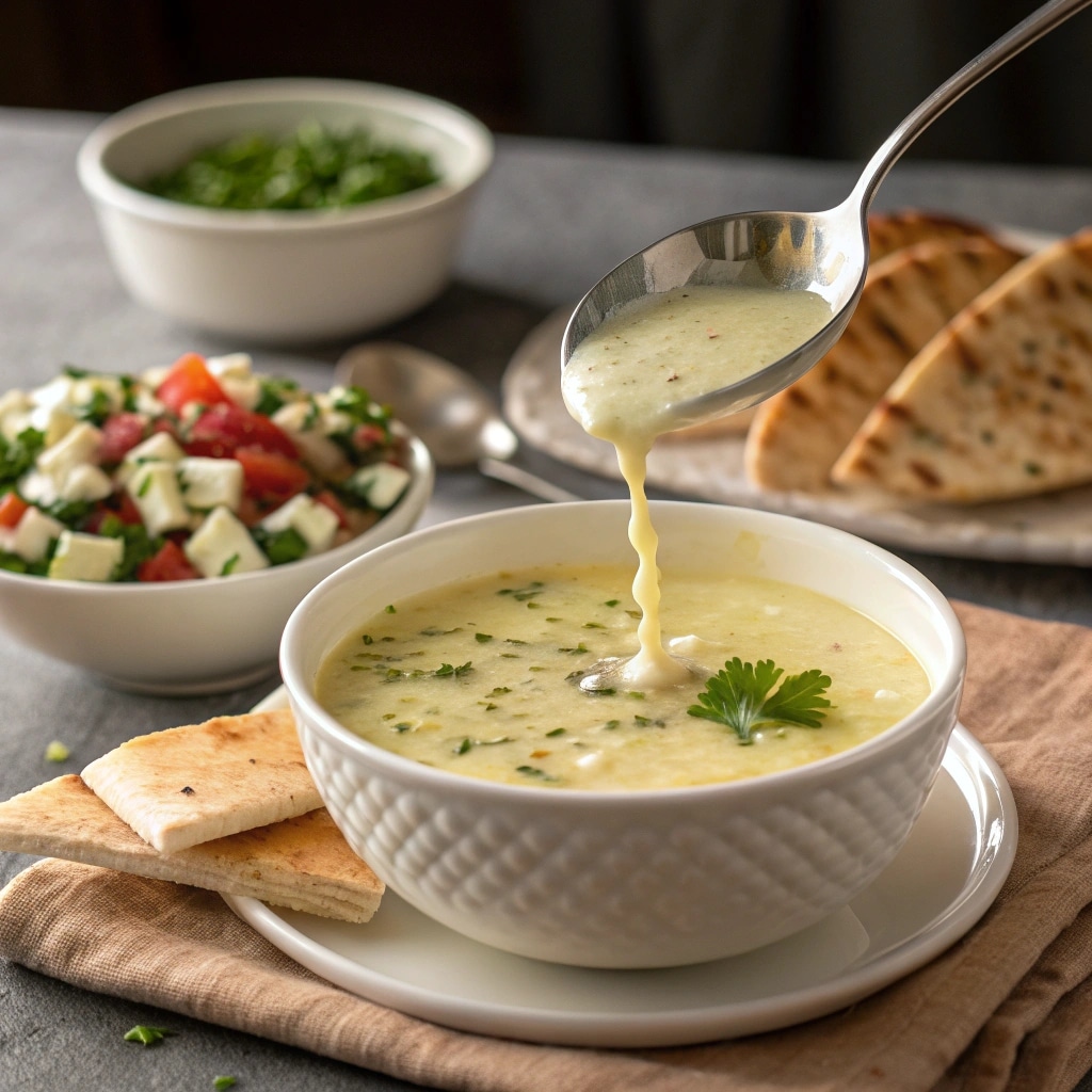 Serving Avgolemono Soup with pita bread and salad