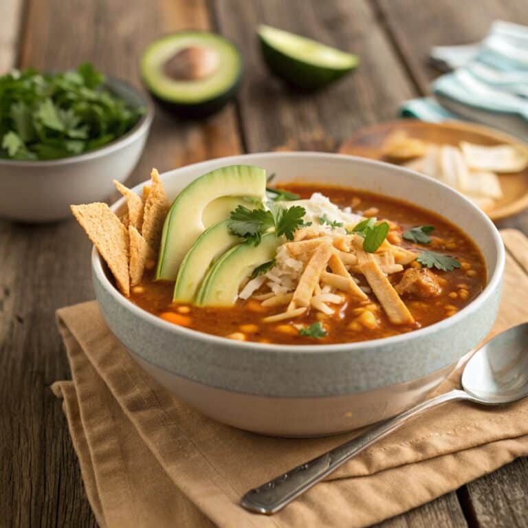 Chicken Enchilada Soup with toppings in a rustic bowl