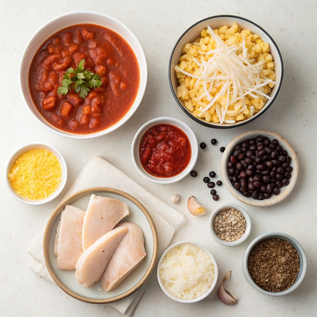Chicken Enchilada Soup ingredients displayed on a kitchen counter