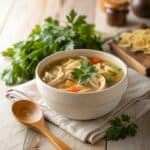 Chicken Noodle Soup in a rustic bowl with parsley