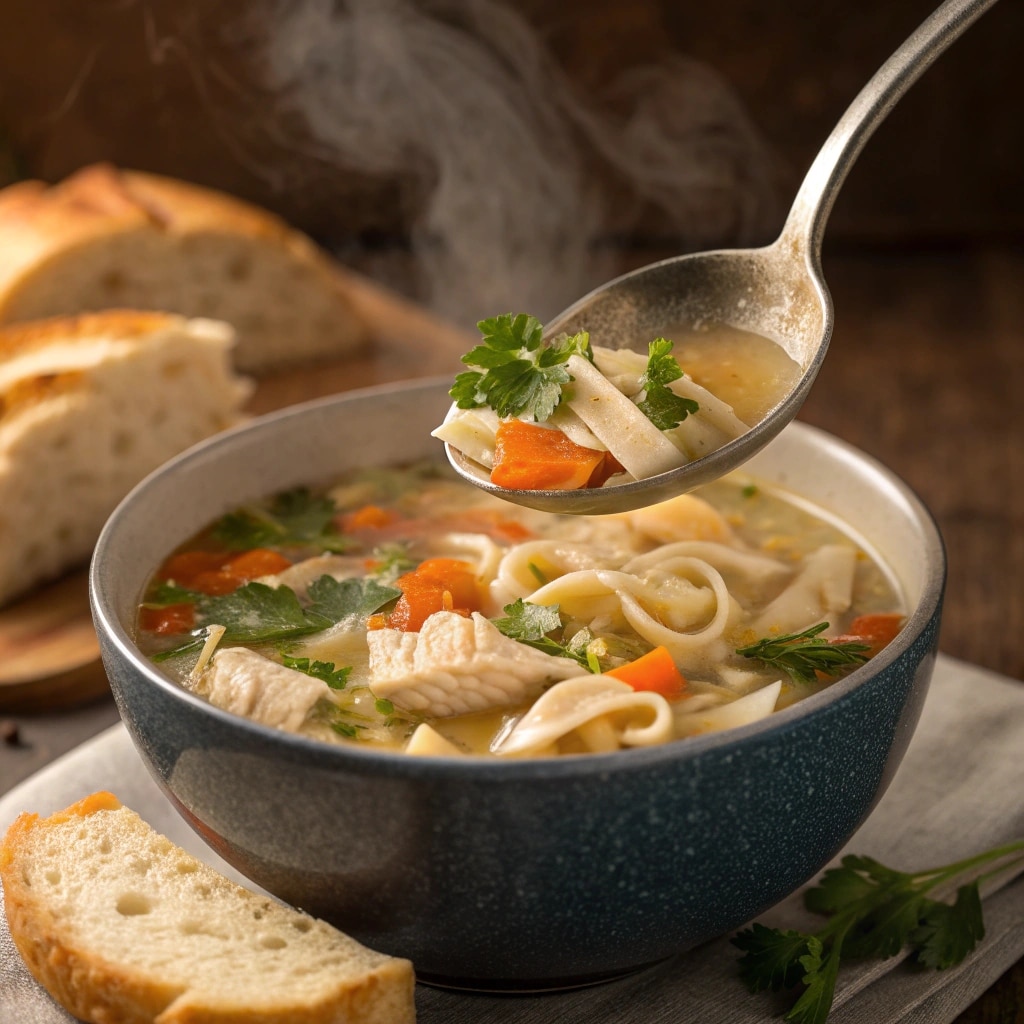 Serving Chicken Noodle Soup with bread