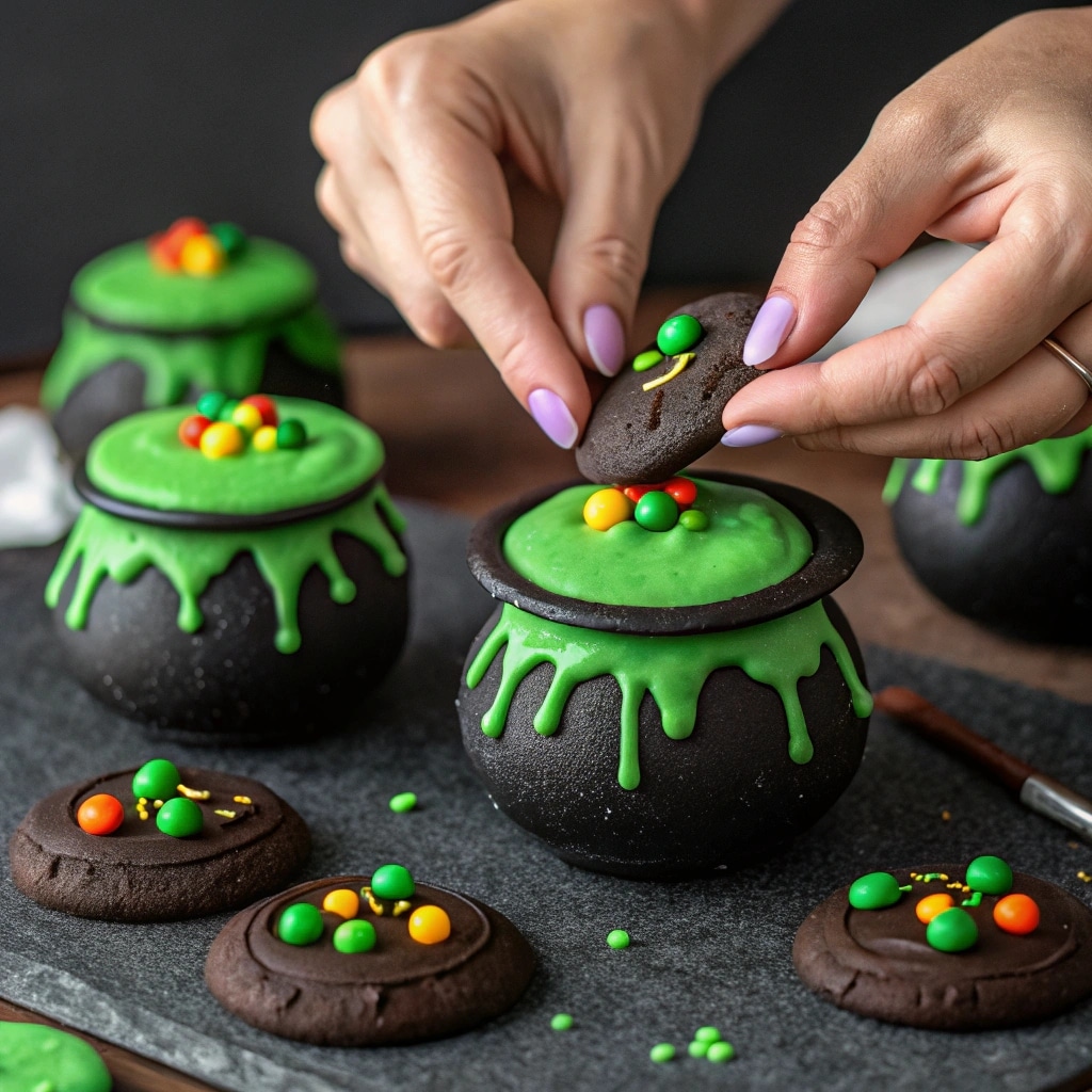 Decorating Cauldron Cookies with frosting and candy