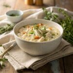Creamy Chicken and Rice Soup in a rustic bowl