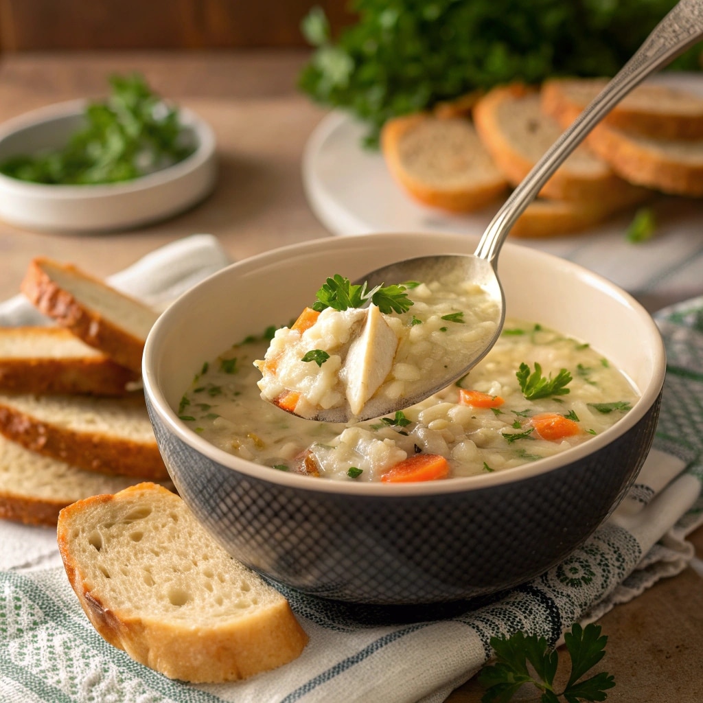 Serving Creamy Chicken and Rice Soup with bread