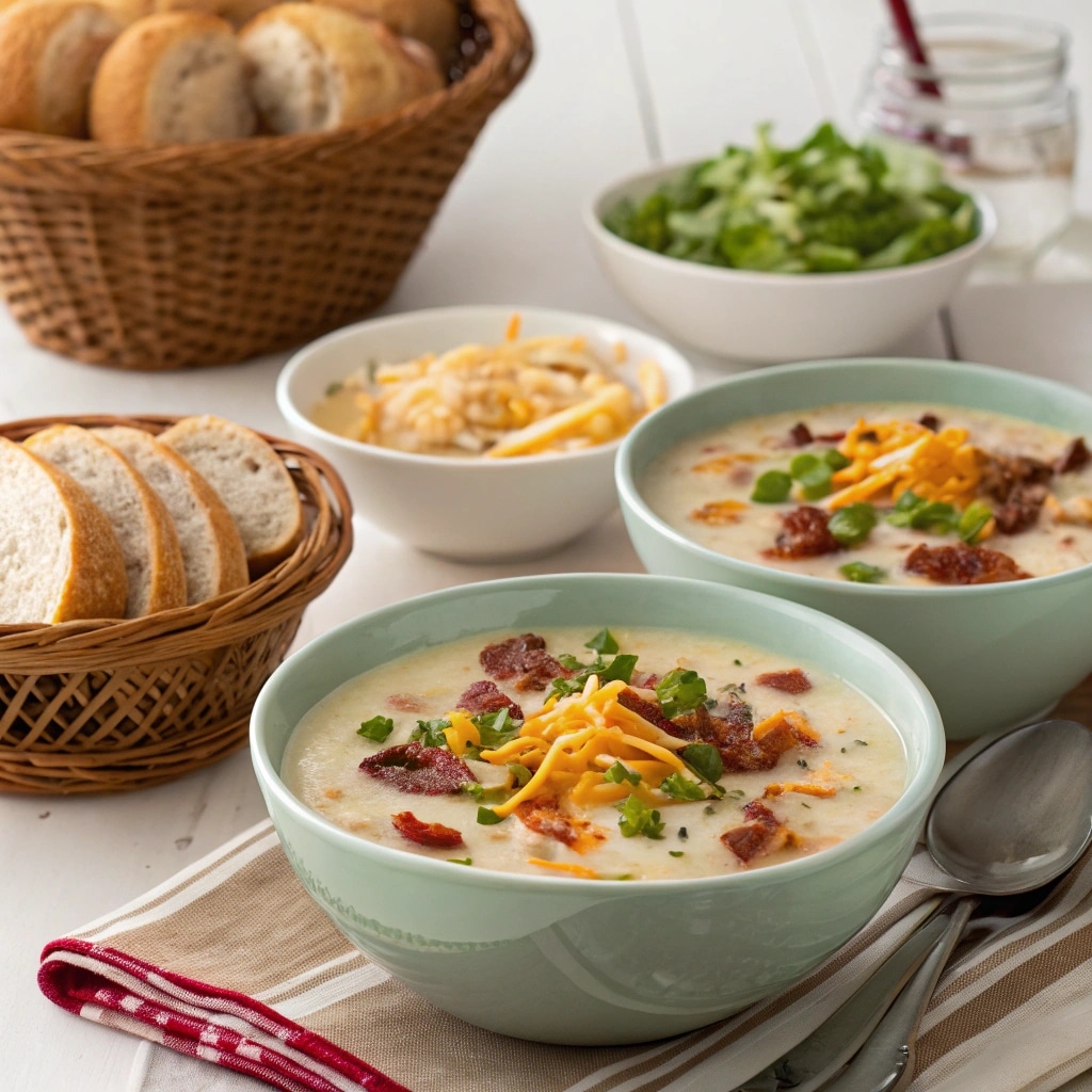 Creamy Crack Chicken Soup served with bread and salad
