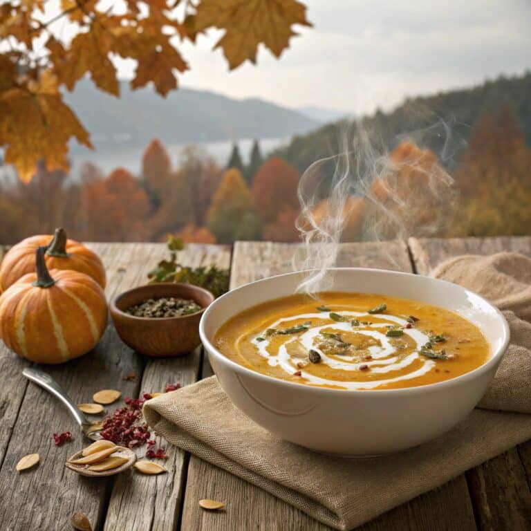 creamy roasted pumpkin soup in rustic bowl