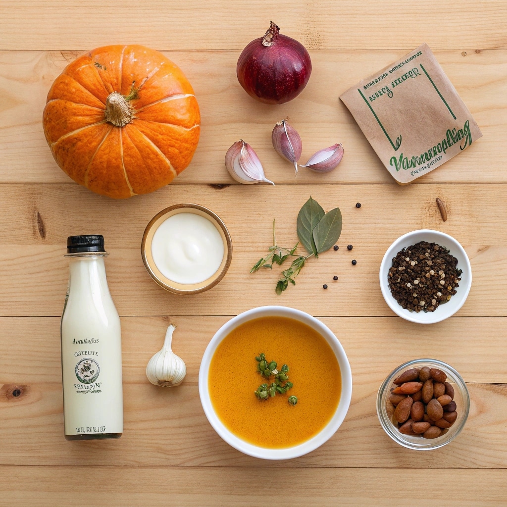 pumpkin soup ingredients on wooden table