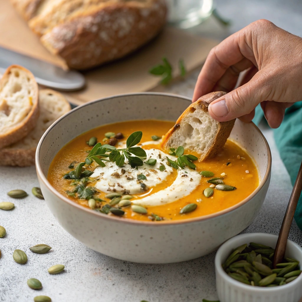 serving creamy roasted pumpkin soup with garnish