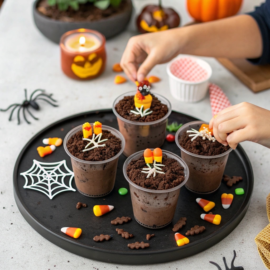 Dirt graveyard pudding cups served at a Halloween party with spooky decorations