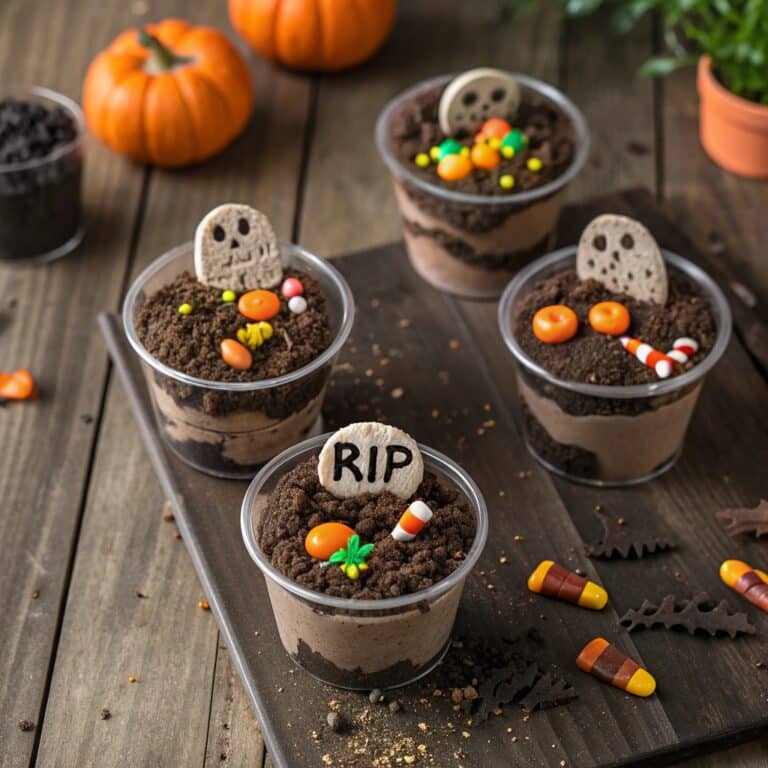 Dirt graveyard pudding cups Halloween dessert recipe with Oreo cookies and gummy