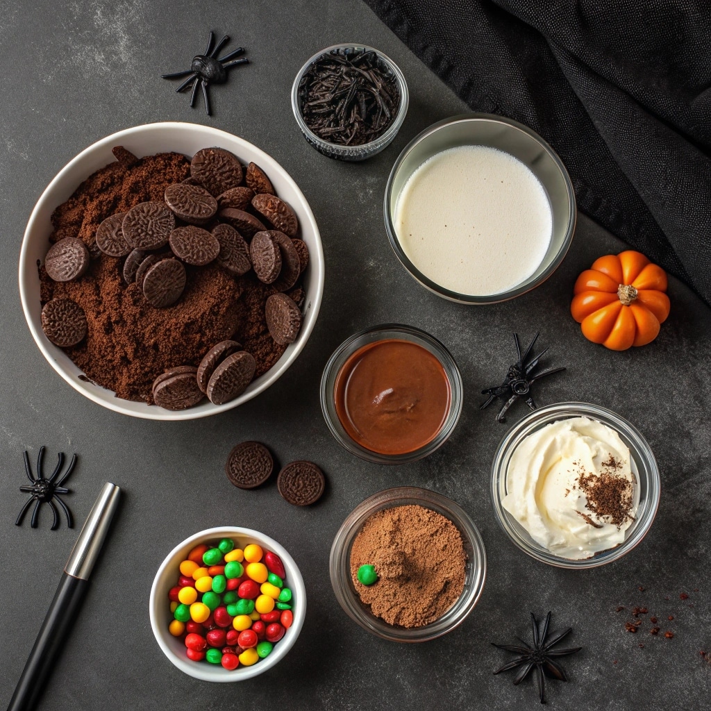 Ingredients for dirt graveyard pudding cups with pudding mix, Oreos, and gummy worms