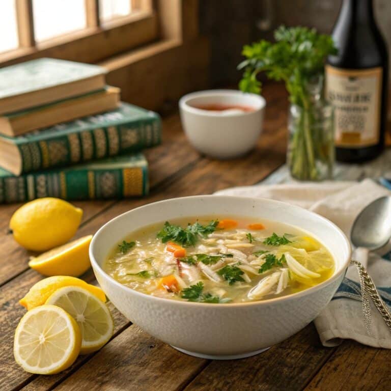 Lemon Chicken Orzo Soup in rustic bowl