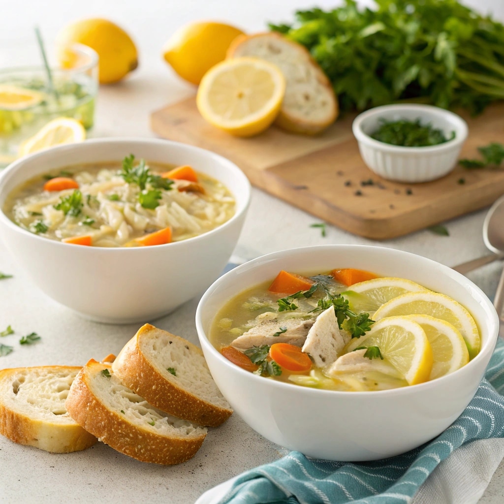 Lemon Chicken Orzo Soup served with bread and salad