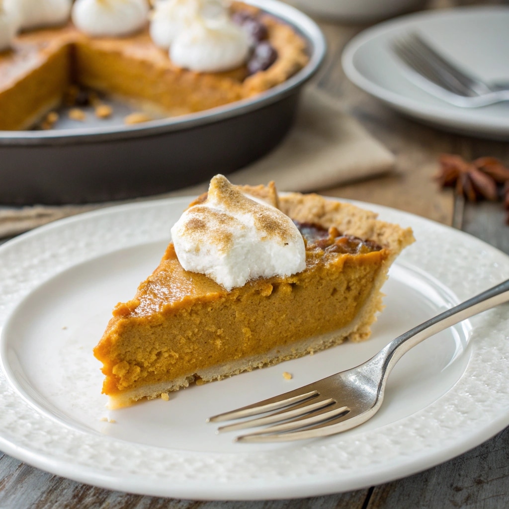 Slice of Marshmallow Pumpkin Pie served on plate