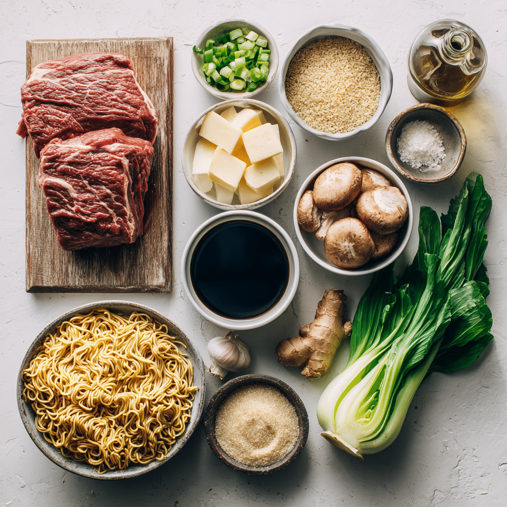 Ingredients for Slow Cooker Beef Ramen Noodles including beef chuck, soy sauce, garlic, and noodles.