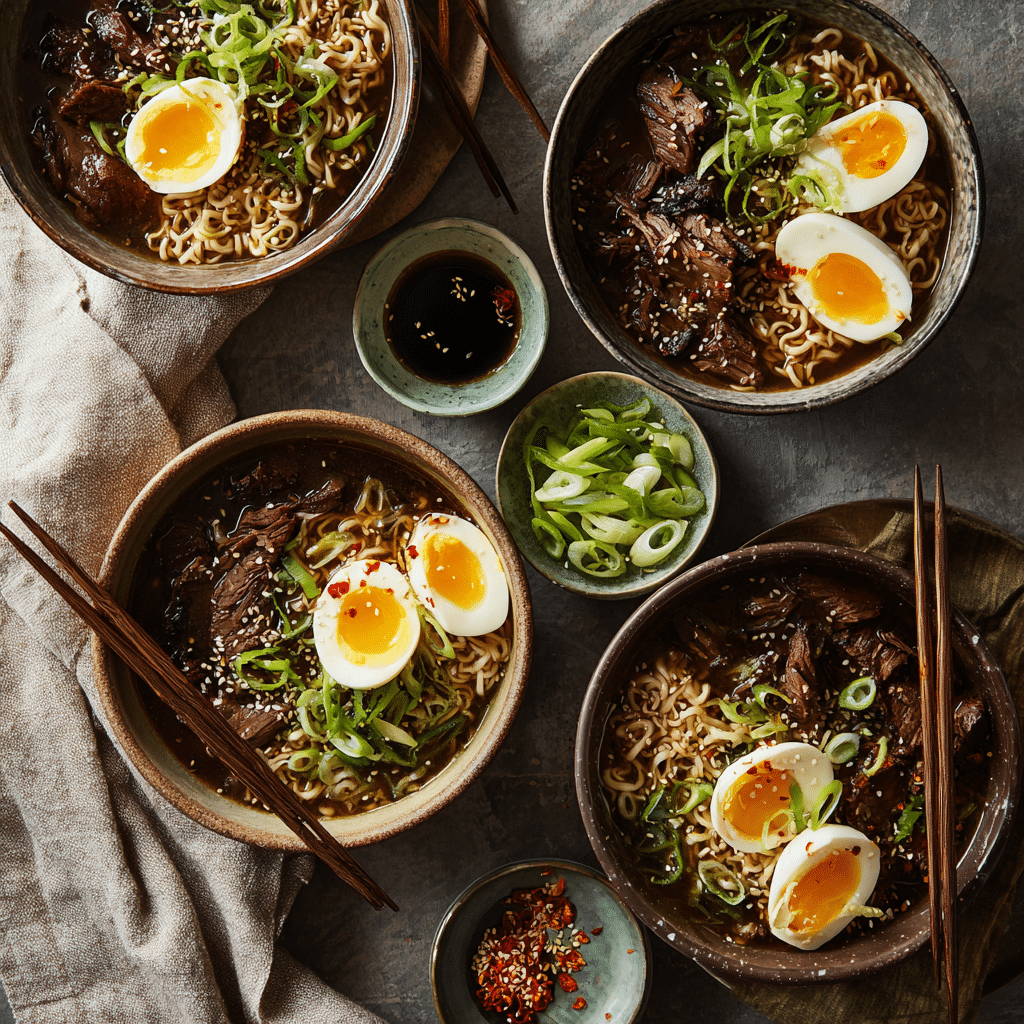 Slow Cooker Beef Ramen Noodles served in bowls with eggs, scallions, and sesame seeds.