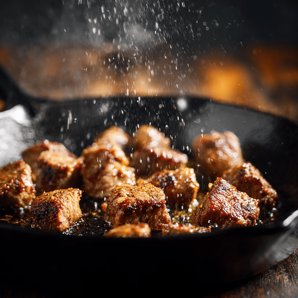 Beef chunks browning for Slow Cooker Beef Ramen Noodles.