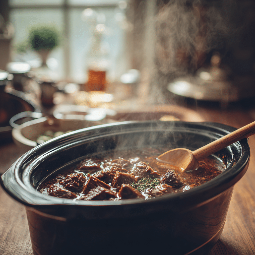 Beef simmering in soy-ginger broth for Slow Cooker Beef Ramen Noodles.