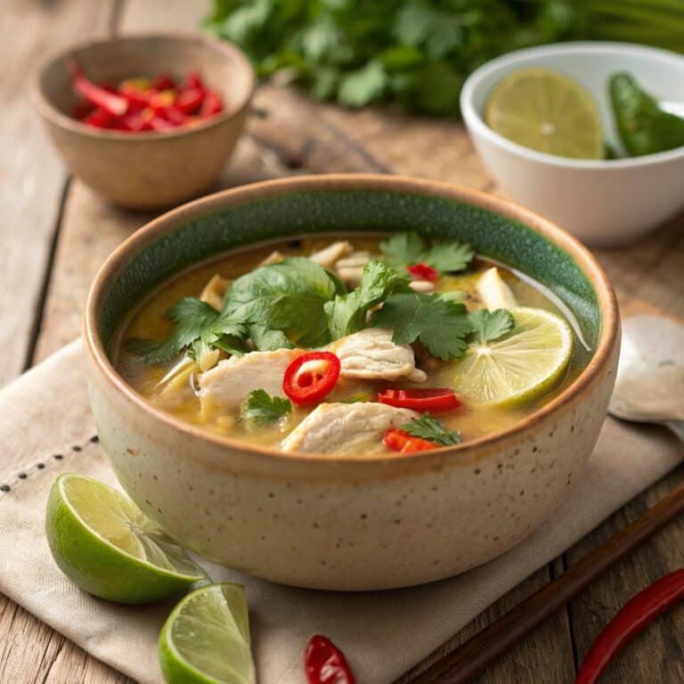 Thai chicken soup with coconut milk and herbs