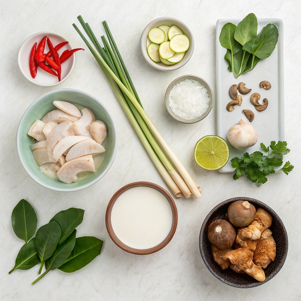 Thai chicken soup ingredients flat lay