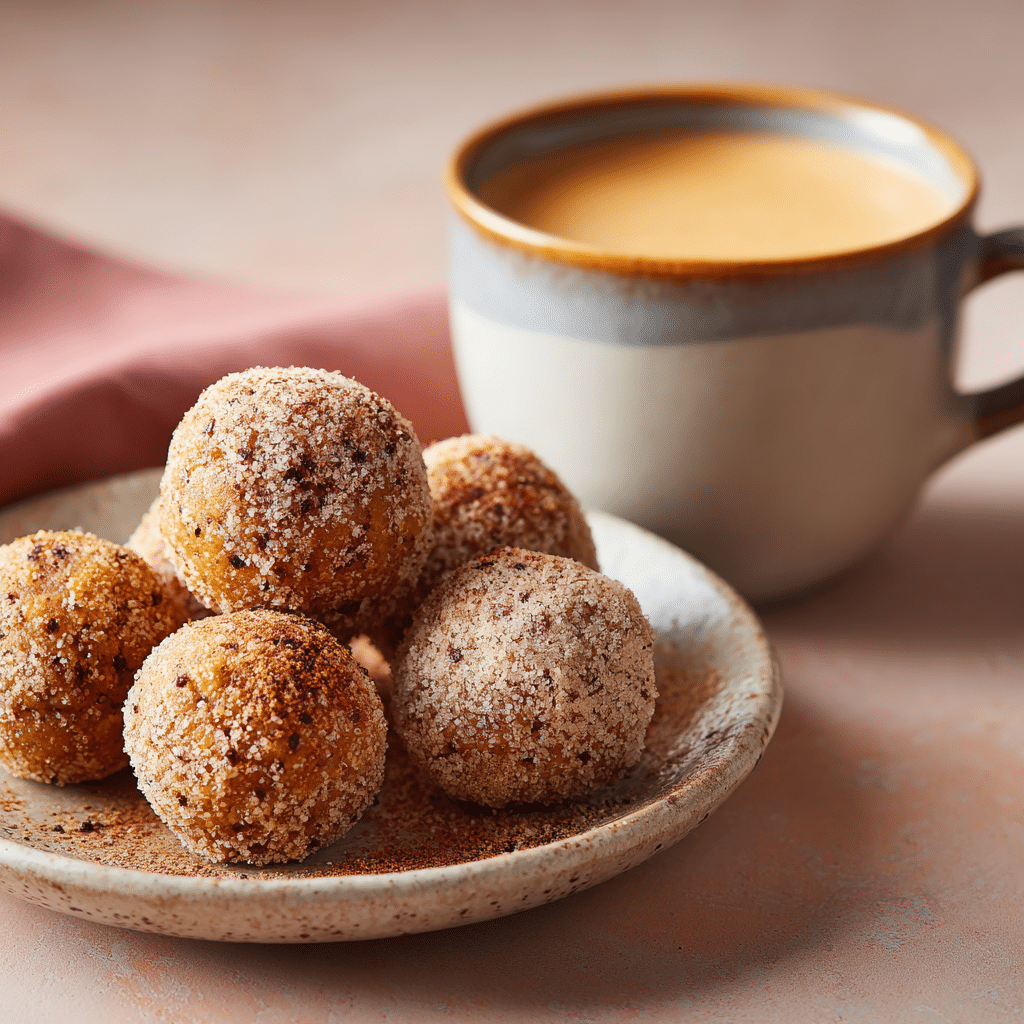 Pumpkin Protein Balls: 5-Minute Healthy Snack You’ll Crave 6 Close-up of pumpkin protein balls served on a small plate, dusted with cinnamon, next to a mug of coffee.
