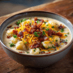 Bacon Cheddar Gnocchi Soup 7 Bowl of Bacon Cheddar Gnocchi Soup with melted cheddar, turkey bacon, and parsley on a rustic wooden table.