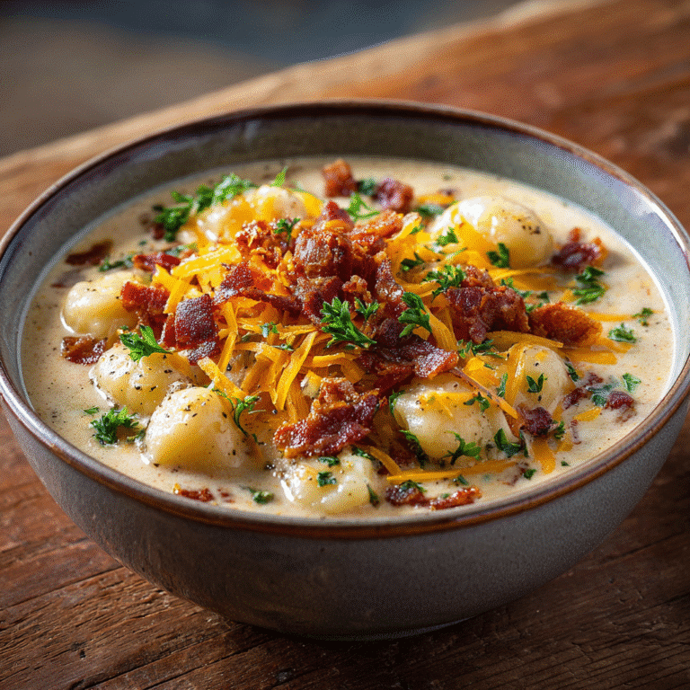 Bacon Cheddar Gnocchi Soup 4 Bowl of Bacon Cheddar Gnocchi Soup with melted cheddar, turkey bacon, and parsley on a rustic wooden table.