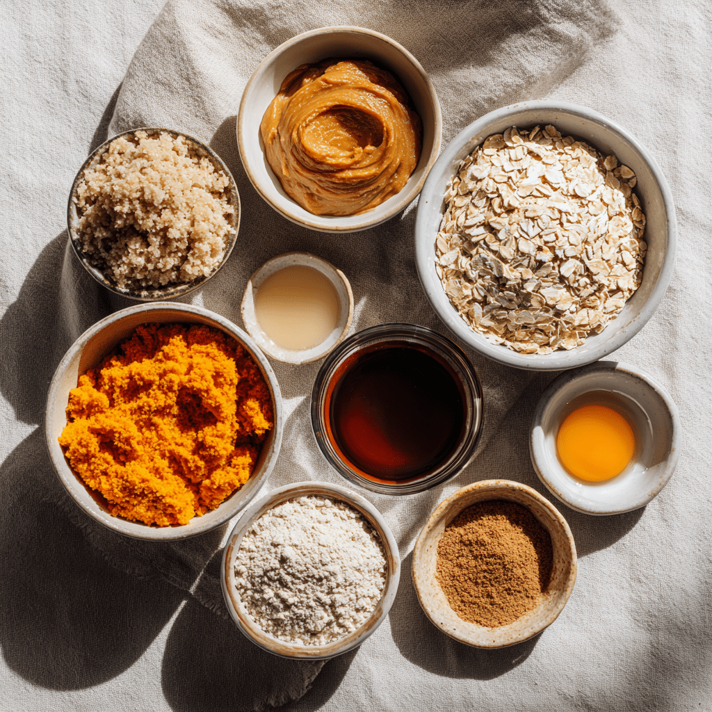 Pumpkin Protein Balls: 5-Minute Healthy Snack You’ll Crave 5 Flat lay of measured ingredients for pumpkin protein balls: oats, pumpkin purée, nut butter, protein powder, maple syrup, and pumpkin spice.