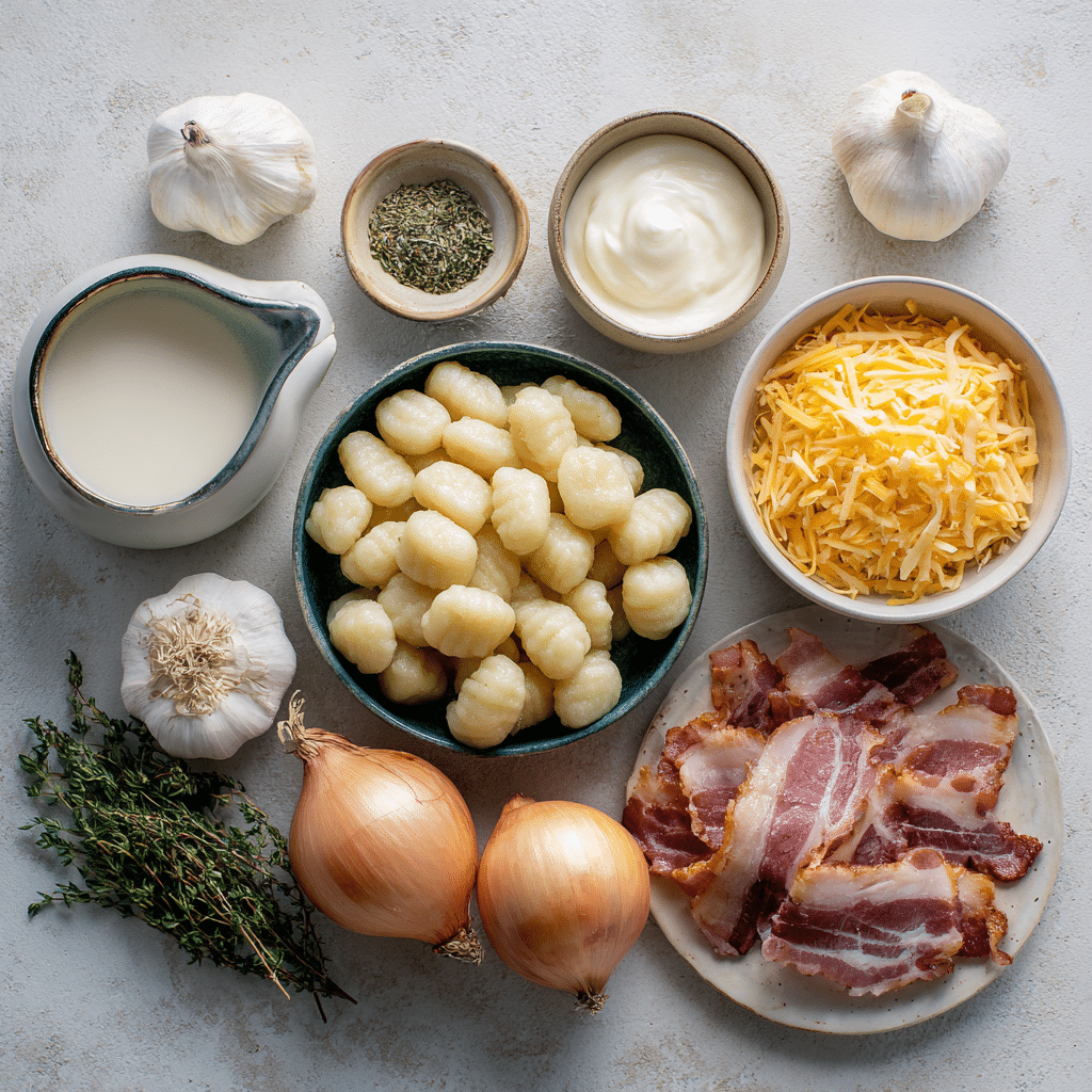 Bacon Cheddar Gnocchi Soup 5 Flat lay of Bacon Cheddar Gnocchi Soup ingredients including gnocchi, cheddar cheese, turkey bacon, onion, garlic, thyme, and cream.