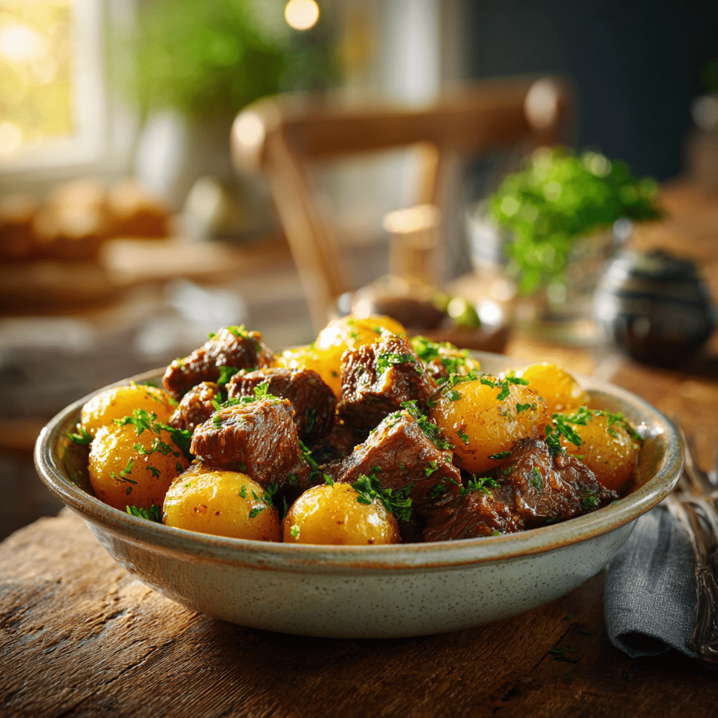 Slow Cooker Garlic Butter Beef Bites with Potatoes 6 u4922897261 A rustic dinner table with a ceramic bowl filled 04530be8 3b82 4104 b284 dfd5b99b8d3b 0