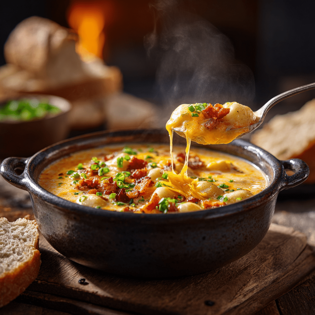 Bacon Cheddar Gnocchi Soup 6 Steaming bowl of Bacon Cheddar Gnocchi Soup garnished with cheddar and green onions beside bread in a cozy kitchen setting.