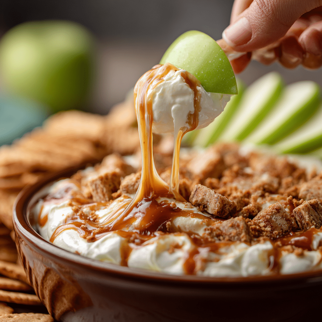 Cream Cheese Caramel Apple Dip 8 u4922897261 Close up of a hand dipping a green apple slice in 49710f0f 20a4 456a ad5a a424418c6136 2
