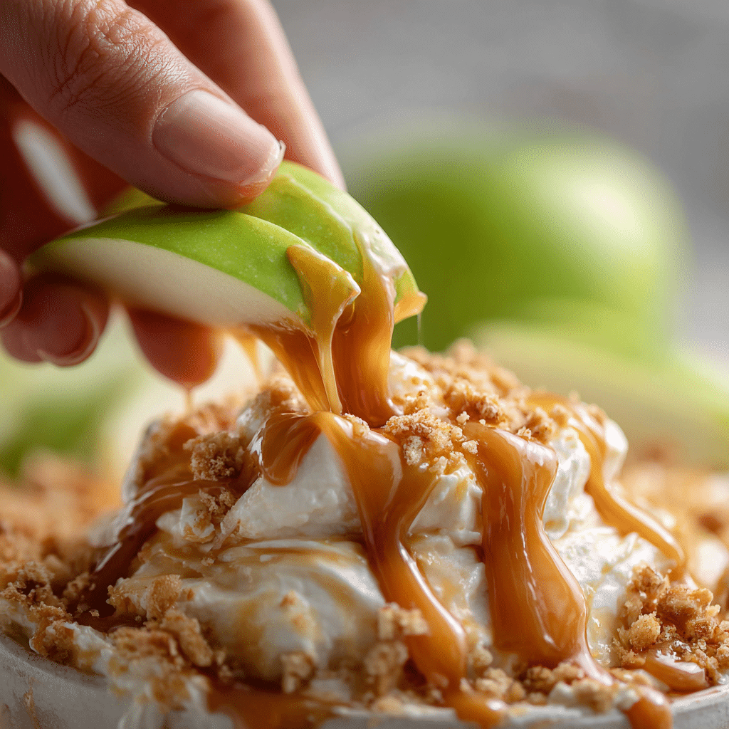 Cream Cheese Caramel Apple Dip 6 u4922897261 Close up of a hand dipping a green apple slice in 49710f0f 20a4 456a ad5a a424418c6136 3