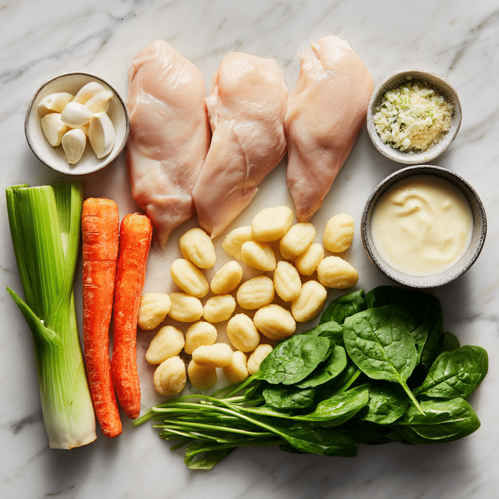 Chicken Gnocchi Soup Recipe 5 u4922897261 Flat lay of Chicken Gnocchi Soup ingredients raw a9c3dbfc 7935 485e aed6 9cba5e650dde 3