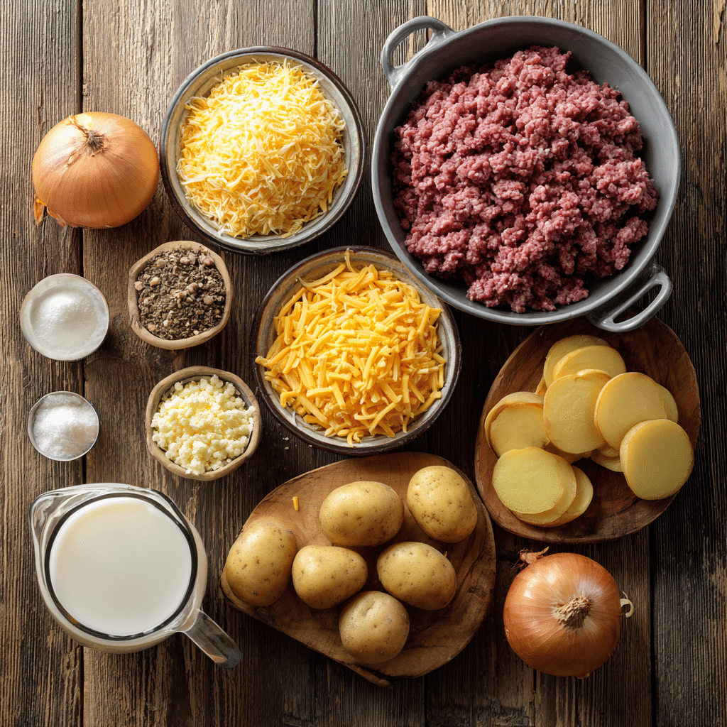 Crockpot Hamburger Potato Casserole 5 u4922897261 Flat lay of casserole ingredients raw ground beef 1b6966dd 026c 4ac2 8d05 296f77db261e 0