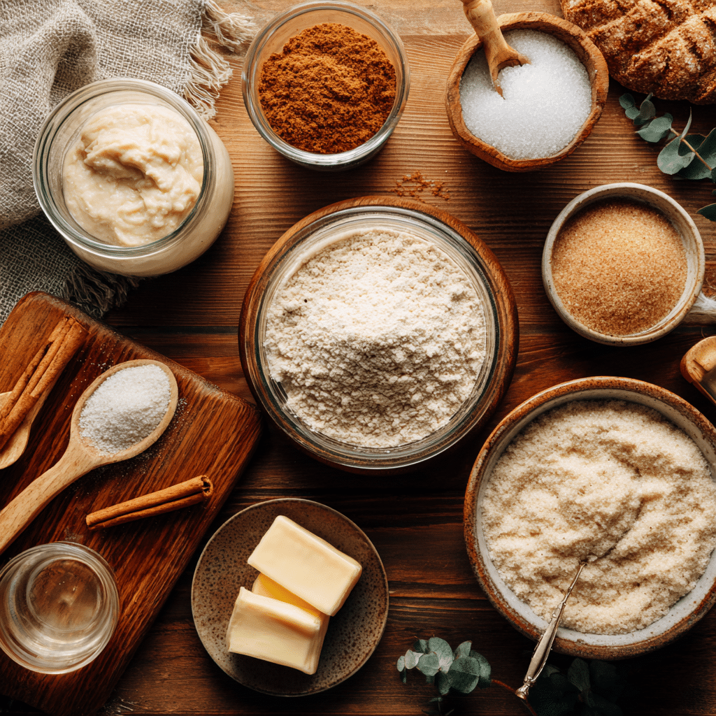 Sourdough Cinnamon Roll Focaccia 6 u4922897261 Flat lay of sourdough starter bread flour brown s 52bf1c7c 1b10 46e9 9b2d bef8d49b1501 3