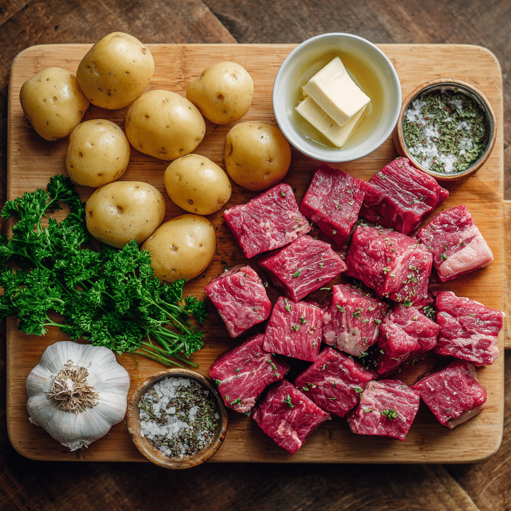 Slow Cooker Garlic Butter Beef Bites with Potatoes 5 u4922897261 Overhead flat lay of raw beef cubes baby potatoes 0233e694 c23f 42d7 b935 10f6f4d77486 2
