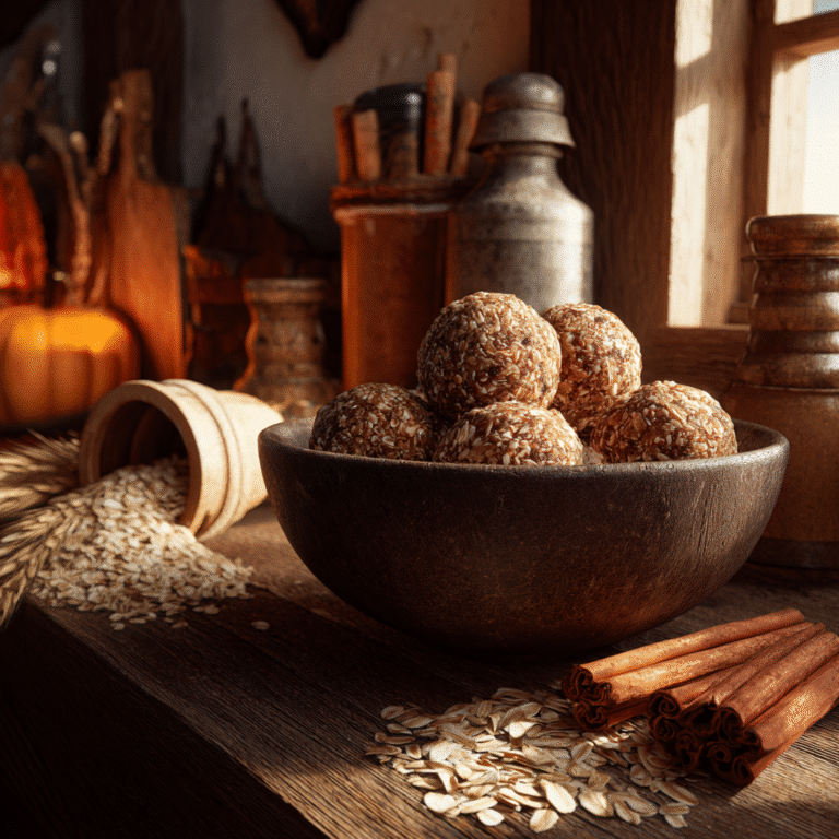 Pumpkin Protein Balls: 5-Minute Healthy Snack You’ll Crave 4 Rustic fall kitchen table with a bowl of pumpkin protein balls, cinnamon sticks, and oats, warm autumn lighting.