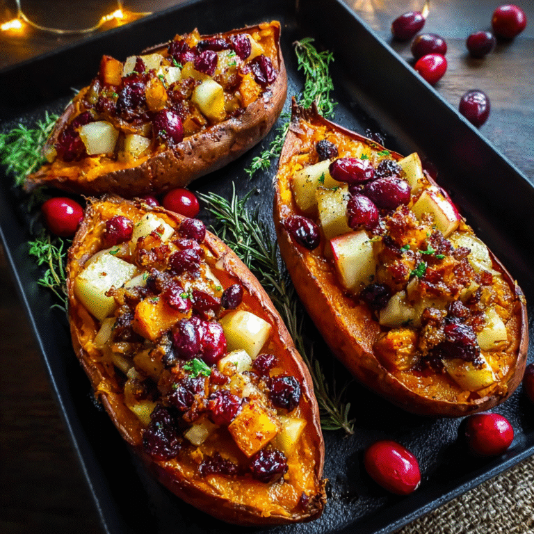 Cranberry Apple Twice-Baked Sweet Potatoes: Cozy Holiday Side Dish You’ll Crave 4 Rustic Cranberry Apple Twice-Baked Sweet Potatoes served on a wooden table