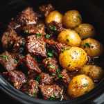 Slow Cooker Garlic Butter Beef Bites with Potatoes 7 u4922897261 httpss.mj .runrY15xT4qHIA Close up shot of slow co 386bbf84 3501 46ac 8453 e75250ff7fe1 1