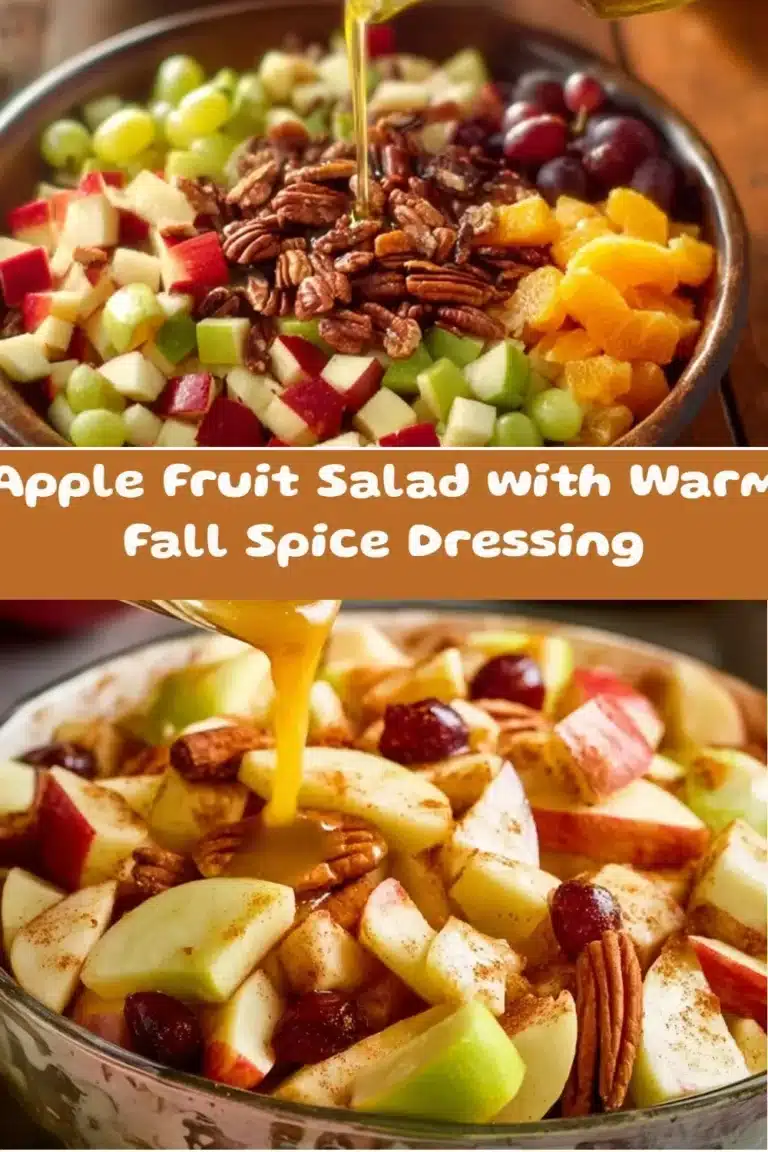 Apple fruit salad topped with warm fall spice dressing in a vibrant bowl